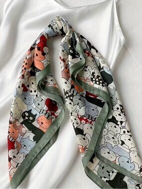 Cat Print Silky Scarf in Sage Trim